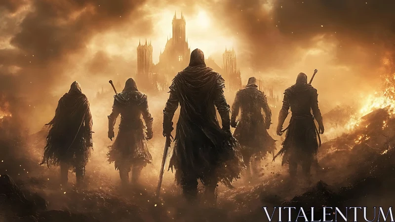 Hooded warriors stride through emberstorm toward cursed citadel.