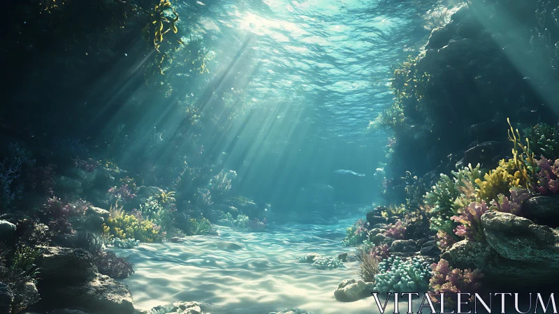 Underwater reef scene shows sunbeams over sand and corals