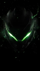 Symmetrical black exosuit helmet with neon green ocular slits