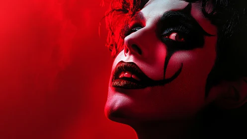 Gothic clown makeup portrait under intense red lighting.