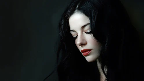 Soft side-lit portrait of woman with black hair and red lips.