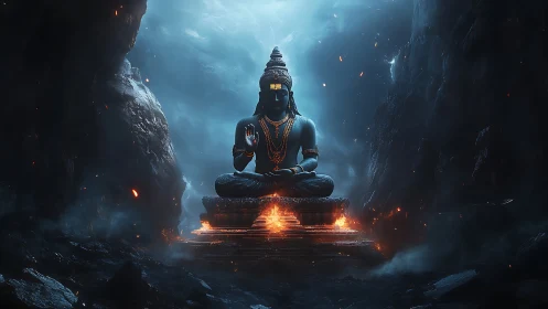 Blue seated deity with glowing fire altar in dark cavern