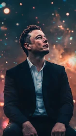 Sharp-suited male subject under nebular bokeh field gazing upward