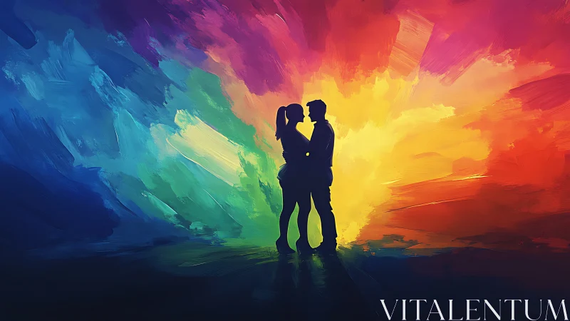 Couple silhouettes embracing against vibrant gradient light