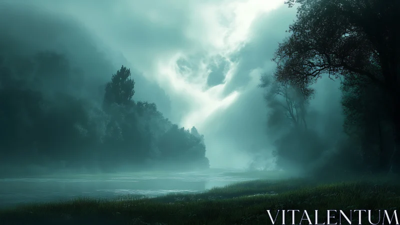 Misty forest river at dawn under luminous teal clouds.