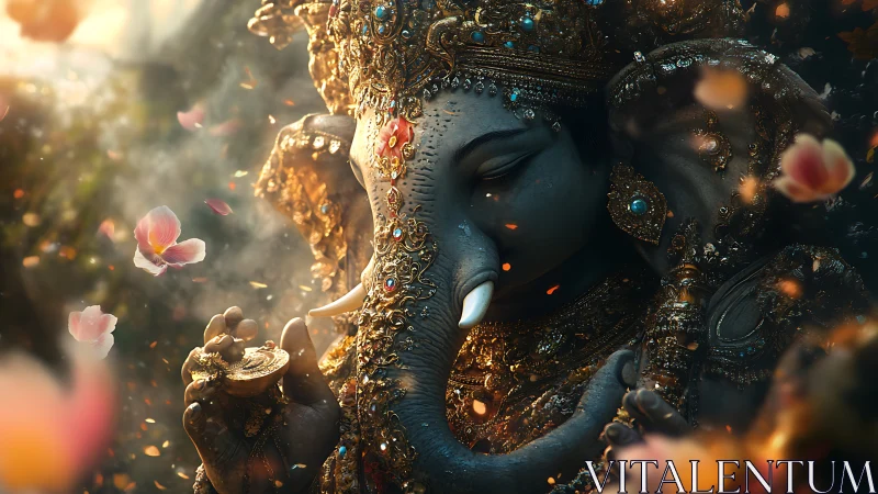 Ornate Ganesha sculpture glows amid drifting petals and light