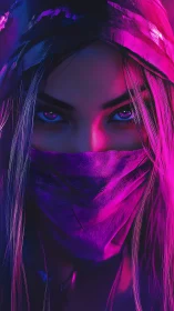Masked neon-eyed woman stares through vivid magenta light