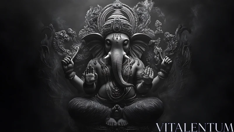 Dark monochrome 3D render of Lord Ganesha seated calmly.
