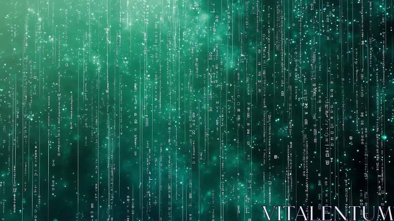 Vertical cyber data stream over nebular teal codefield matrix.