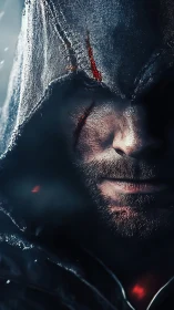 Hooded warrior portrait uses hard rim lighting and micro-textured cloth