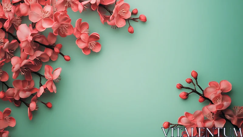 Coral Blossoms Dance Across Mint Canvas.