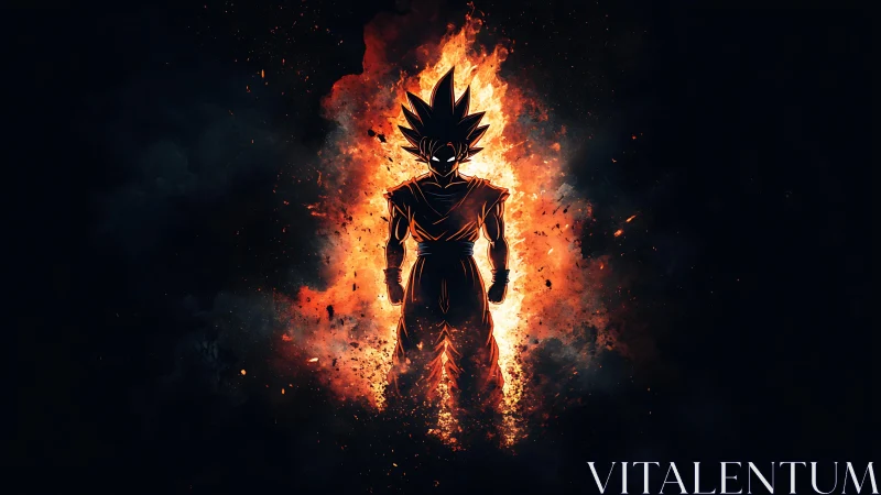 Fiery anime warrior stands blazing against the void night