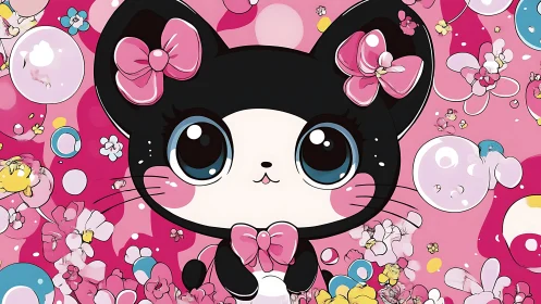 Kawaii black kitten with bows amid bubbles and blossoms.