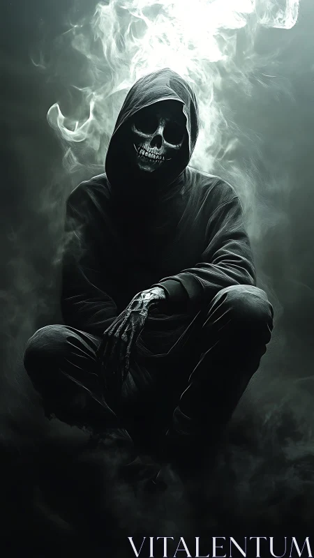 Hooded skeletal figure seated in smoke-filled environment.
