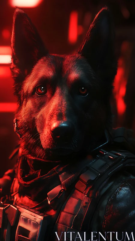 Loyal cyber hound standing guard in glowing red light.