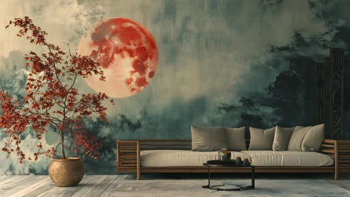 Red moon mural anchors serene Japandi-inspired lounge interior