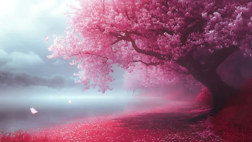 Whispers of pink blossoms beside a misty, dreaming lake.