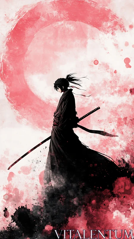 Lone samurai in red ink mist, quietly holding twin blades.