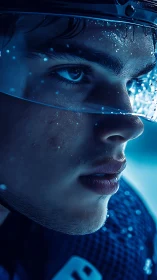 Close-up profile of ice hockey player in blue lighting.