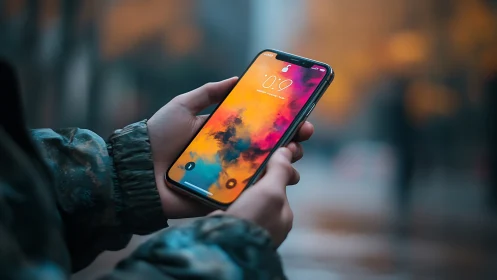 Smartphone in hand with vibrant abstract lockscreen display.