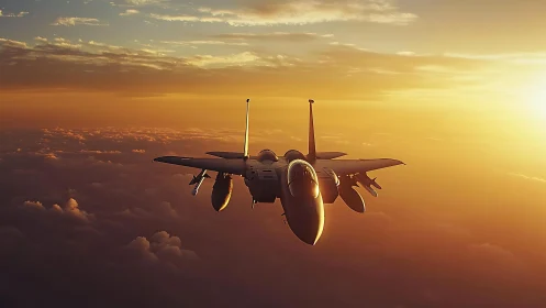 Twin‑engine jet aircraft above cloud layer at sunset.