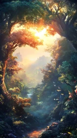 Mystical forest cavern with golden sunlight and flowing stream