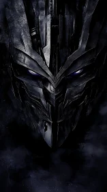 Nocturnal cybernetic war helm with faceted alloy surfaces.