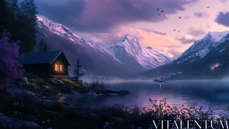 Mountain lake at dusk with cabin and distant sailboat.