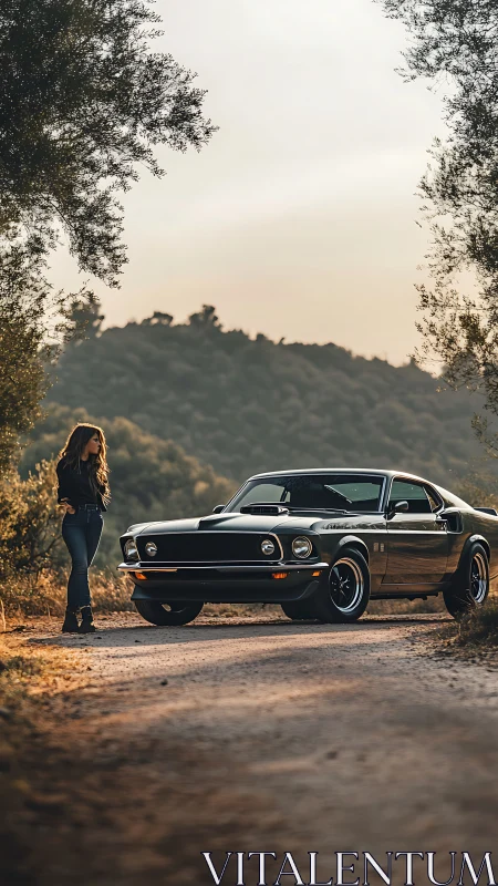 Vintage coupe is parked on rural dirt road at sunset