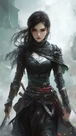 Female warrior in dark armor standing in misty ruins.