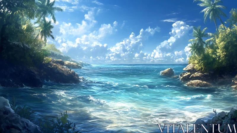 Sunlit tropical cove with sparkling turquoise waves inviting you.