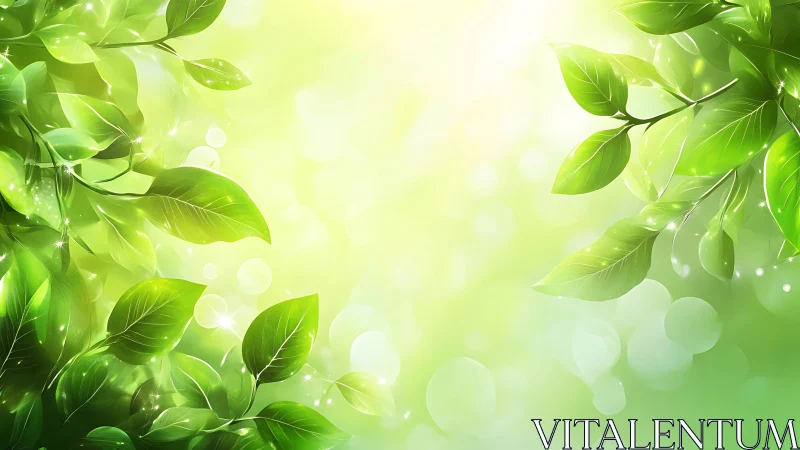 Luminous green foliage branches against soft bokeh light field