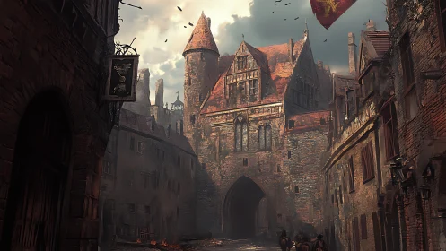 Gothic fortress gate in smoke-softened medieval streetscape.
