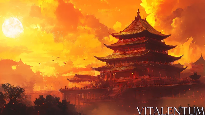 Multi-tiered pagoda stands against intense orange sunset sky