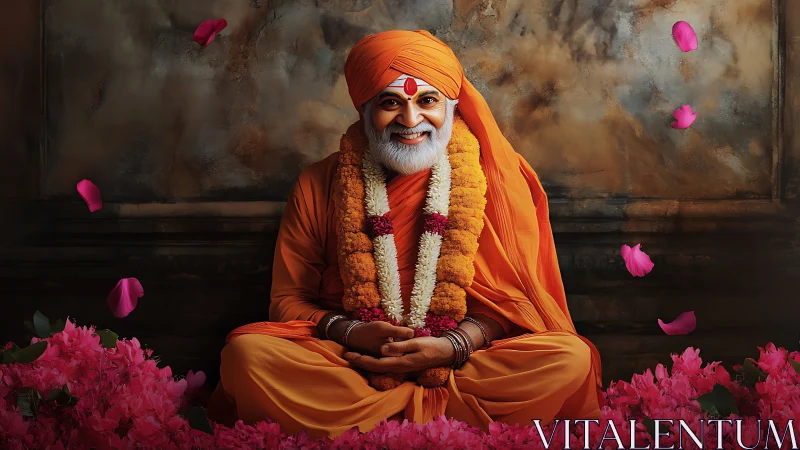 Smiling Hindu guru in saffron robes rendered as photoreal portrait