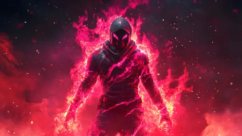 Flameborn specter strides through neon embers of oblivion.