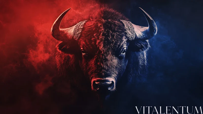 Bison portrait split by red and blue atmospheric smoke.