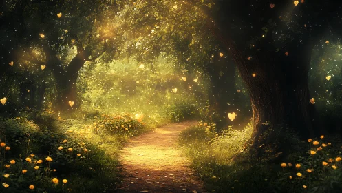 Luminescent Forest Path with Golden Heart Particles and Blooming Wildflowers.