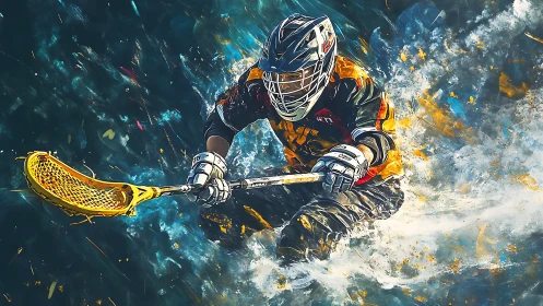 Electric lacrosse moment bursting through color and motion.