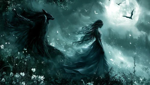 Moonlit guardian walks beside a lone girl in misty magic