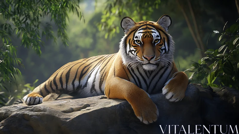 Resting tiger rendered with high-detail fur shading and soft bokeh