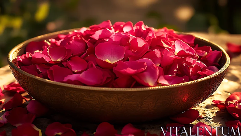 Sunlit brass bowl overflowing with vivid rose petals.