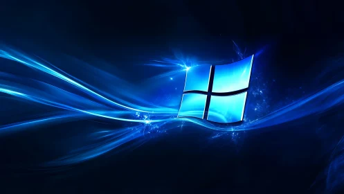 Glowing Windows logo slices through electric blue waves.