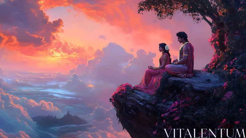 Two Figures on Rocky Outcrop Above Cloud Landscape