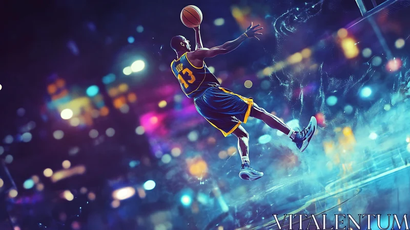 Basketball player jumps for dynamic shot in neon arena.