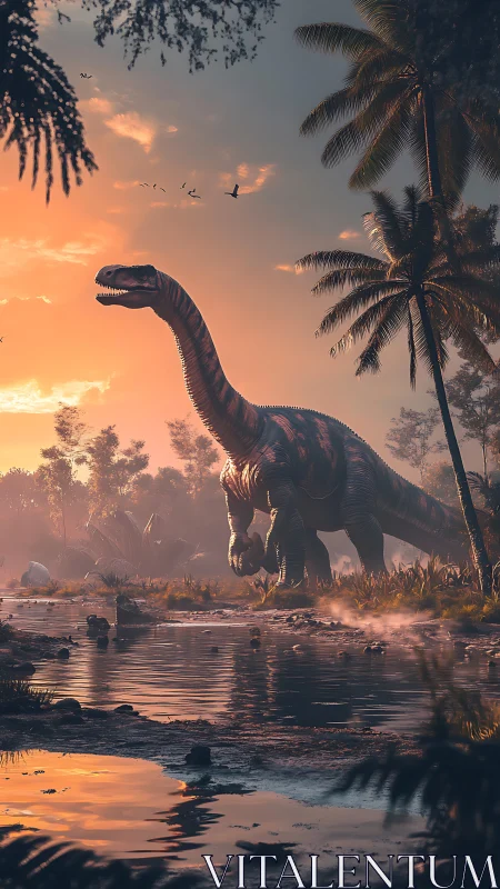 Sauropod dinosaur beside misty river at sunset jungle.