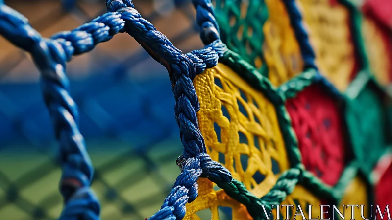 Color-woven playground net in sunlit geometric close-up.
