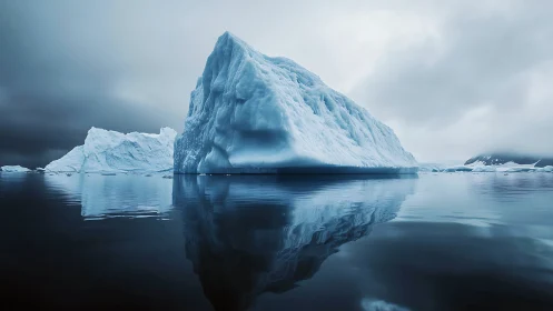 Monolithic blue iceberg in polar sea with mirrored reflection