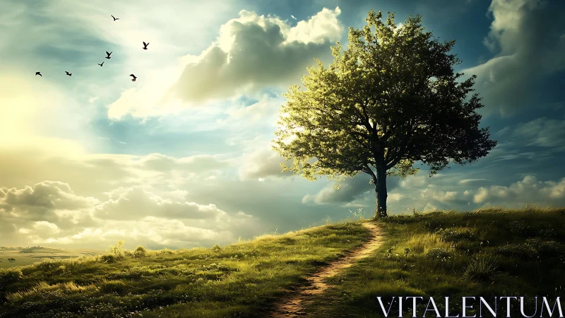 Lone Tree on Hill at Sunset, Realistic Landscape Photography.