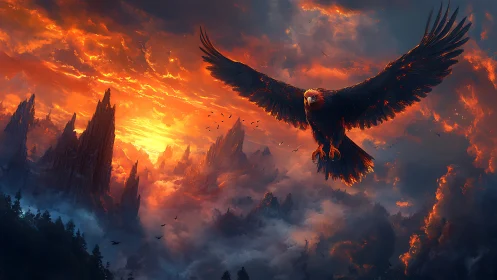 Ember-winged eagle soaring over volcanic dusk spires.